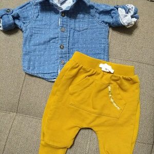 Denim Long Sleeve Shirt and Knit Jogger Pants
